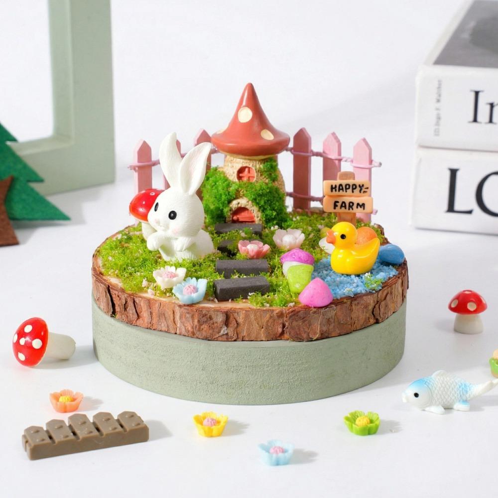 Multicolor Landscape DIY Material Kit Resin Wood Base DIY Miniature Landscape Ornaments Mini Size Cartoon Statue