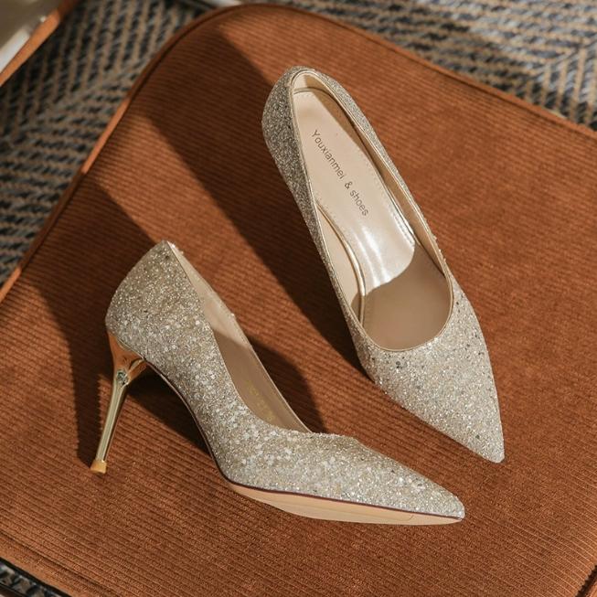 

Champagne Gold Pumps Woman New 2026 Spring Temperament Ladies Thin High Heels Design Wedding Shoes for Women Zapatos De Mujer 34