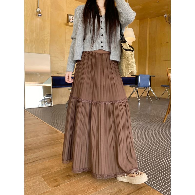 

Kumikumi New Lace Patchwork Pleat Cake Skirt Skirt Women clothes Autumn Elegant All-Match Slimming Long dress Coffee S