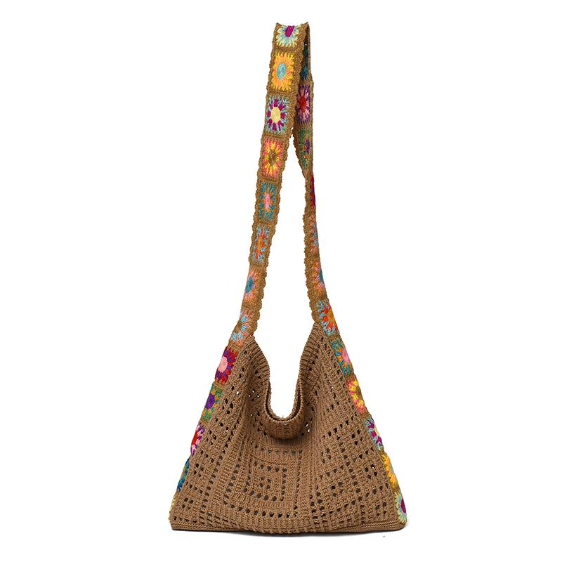 Vintage Hollow Crochet Shoulder Bag – Women's Knit Hobo Bag with Floral Embroidered Strap – Large Casual Tote for Beach Commute
