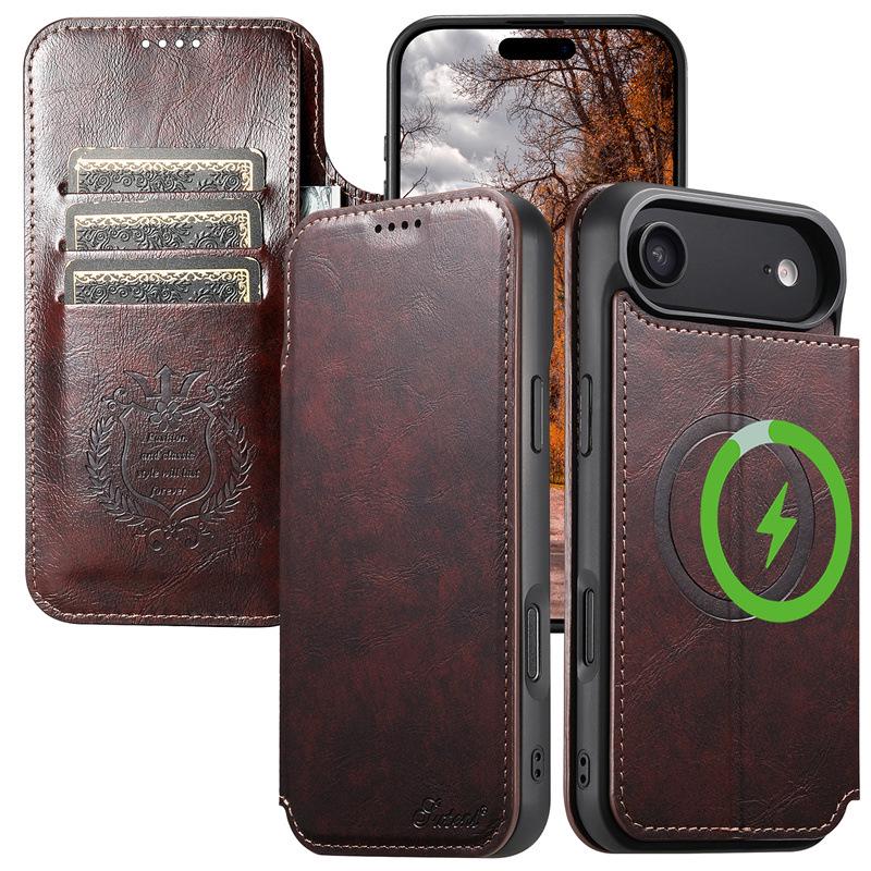 

iPhone 17 Pro Max Magnetic Charging Case with Oil Wax, Flip Wallet & Protective Cover for Apple 16 Pro. iPhone 15 Pro Max темно-красного