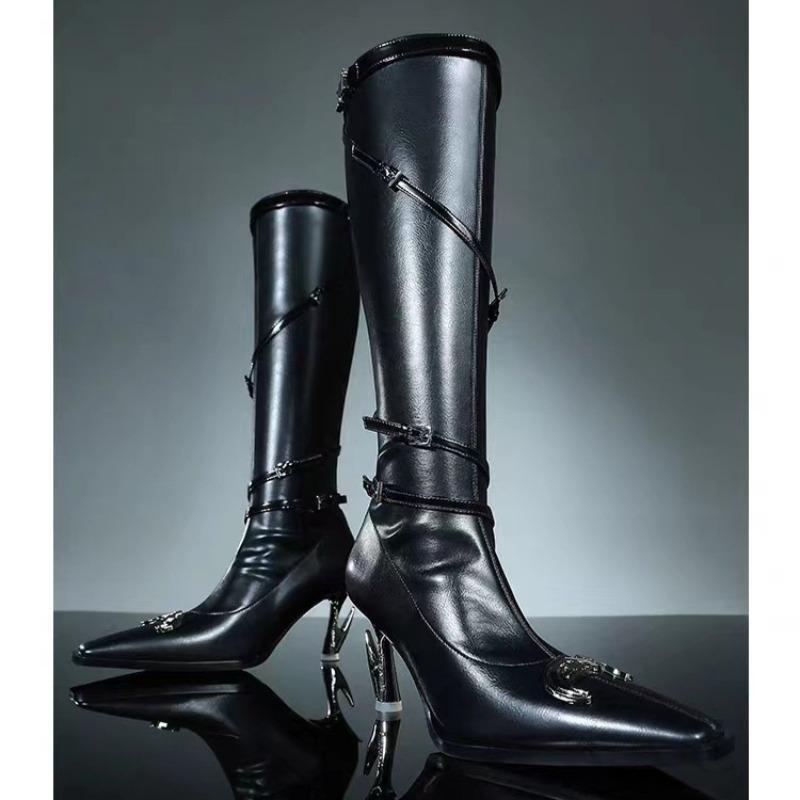 Autumn Special Heel Spice Girl High Heel Boots Pointed Toe Metal Buckle Side Zipper No Knee High Leather Boots