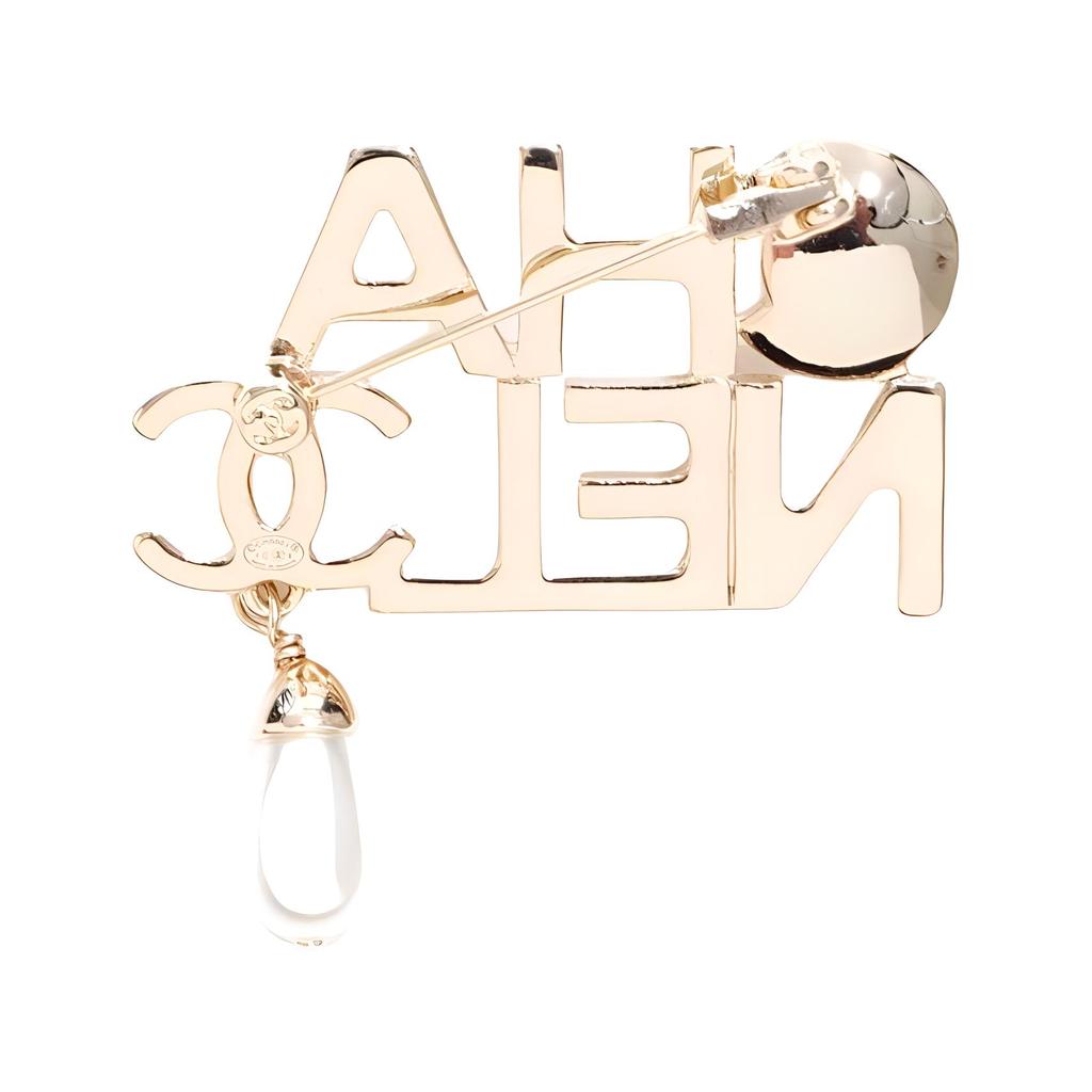 Chanel Logo Faux Pearl Brooch Women accessories Gold FF6919