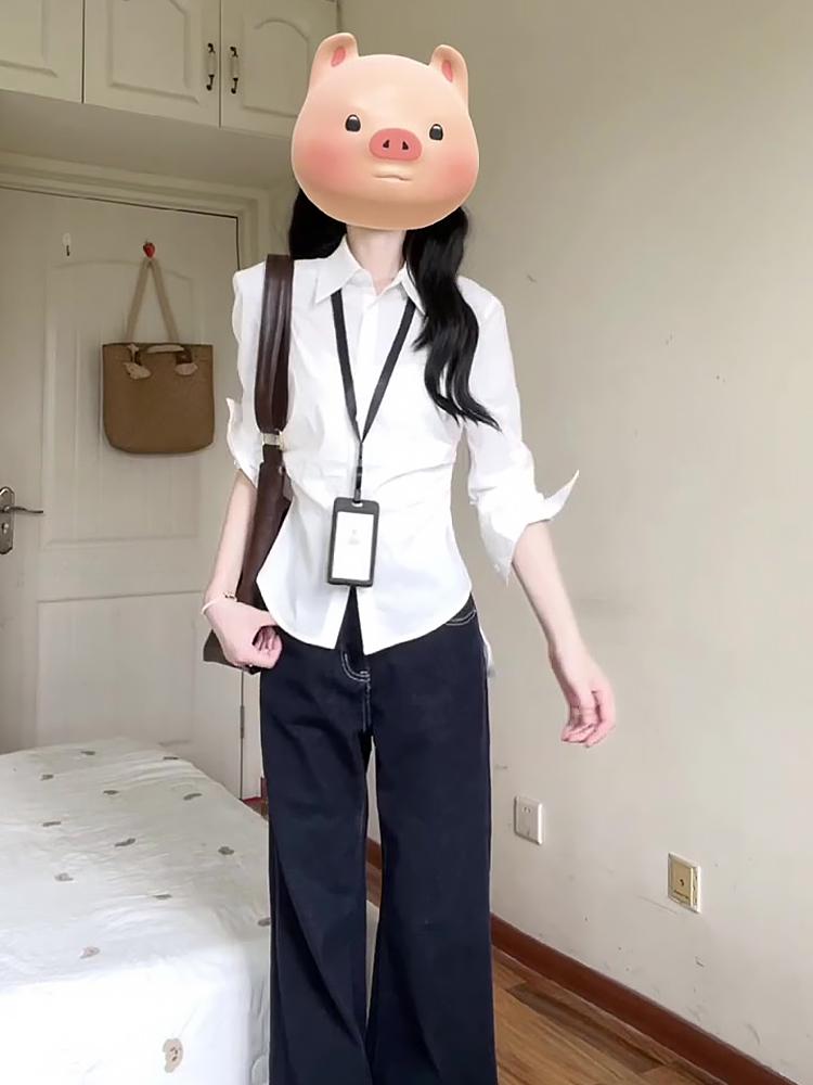 

Women s White Slimming Cinched Waist Blouse - French Style Long Sleeve for Summer 2025 Small