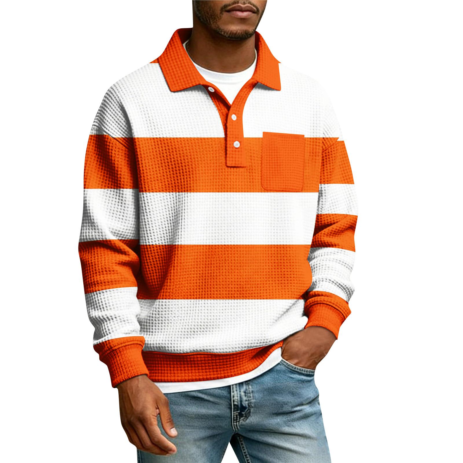 

Men s Striped Single Breasted Long Sleeved Shirt With Collar And Pockets Casual Sports T-shirt L шафрановий