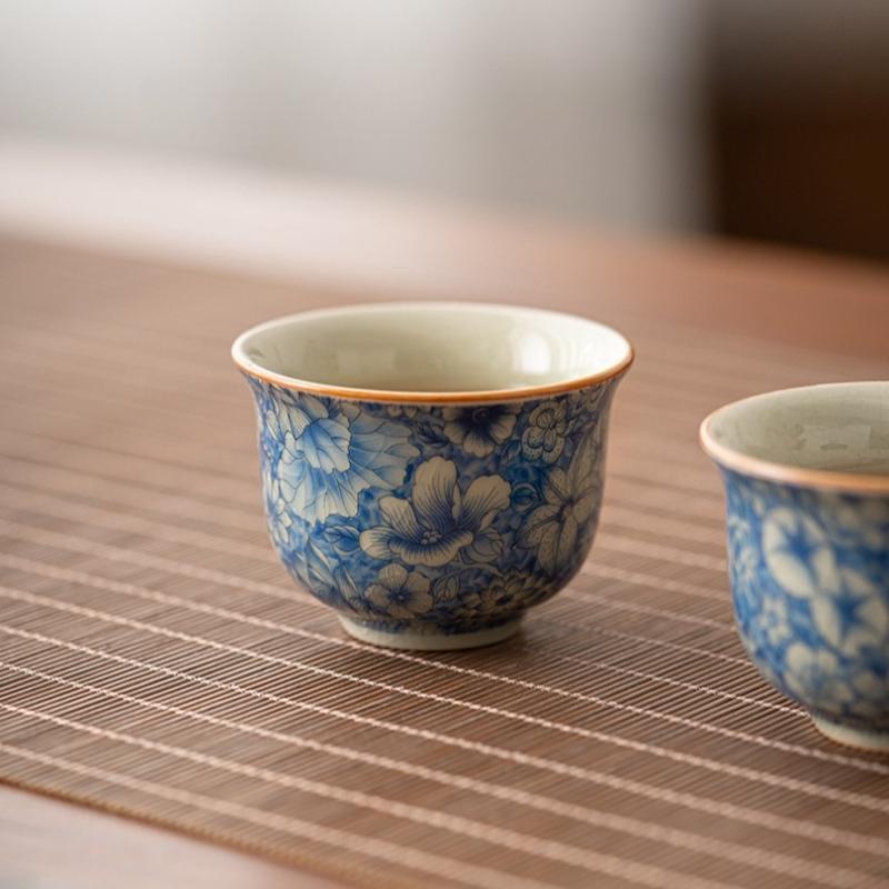 Blue White Floral Ceramic Tea Cup Ru Kiln Style Personal Master Cup for Gongfu Tea Home Use Handmade Chinese Porcelain Gift