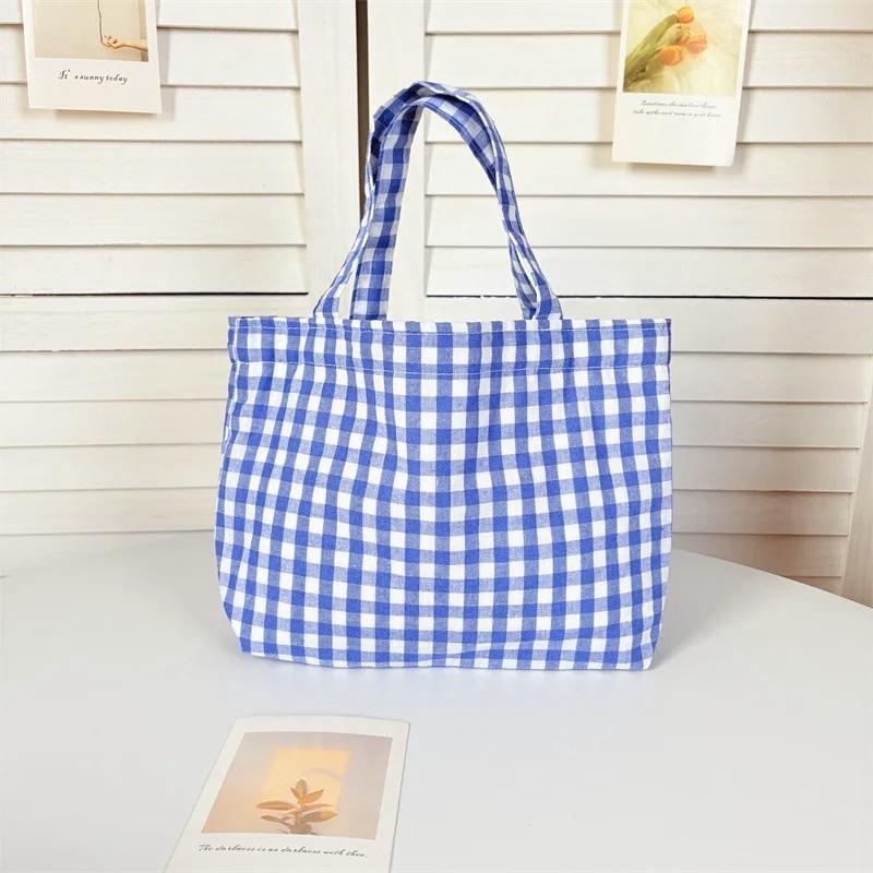 Tragbare Damen Bento Handtaschen Einfache karierte Damen kleine Tragetasche Umhängetaschen Retro Stoff Damen Wiederverwendbare Einkaufstasche