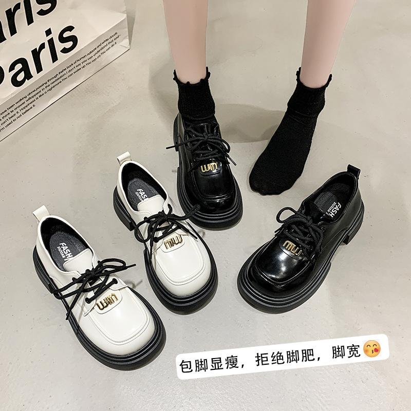 Lace-up muffin platform loafers women's new spring high-heeled lock black small leather shoes are comfortable and versatile