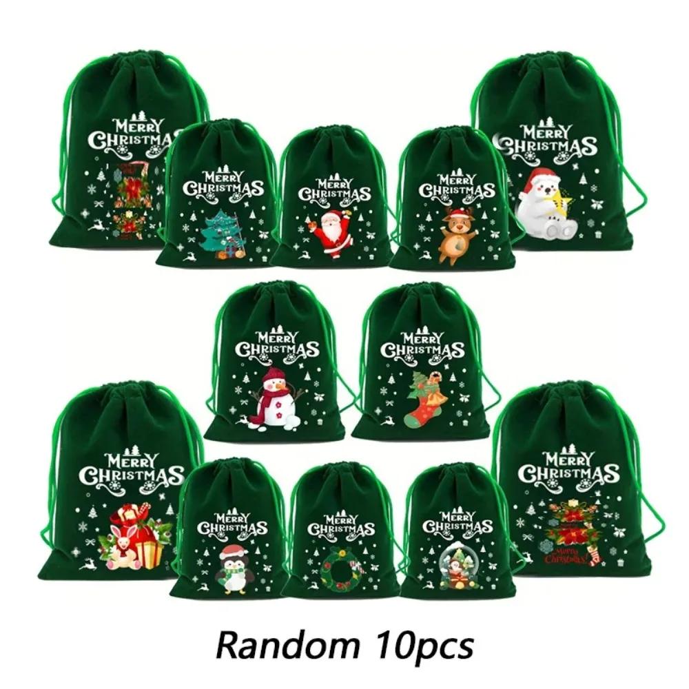 10 Stück Frohe Weihnachten Samtbeutel Grün Kordelzugbeutel Süßigkeiten Geschenktüte Schmuckverpackungsbeutel Weihnachten Neujahr Partyzubehör