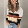 Fashion Women Casual Stripes V-Neck Patchwork Long Sleeves Sweater Blouse Tops