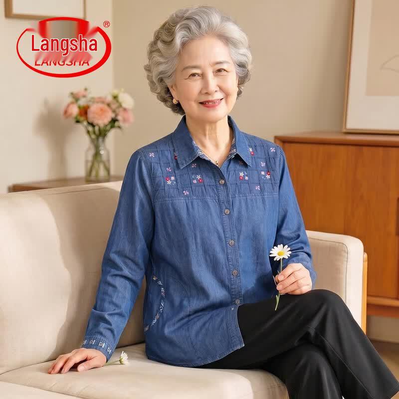 Langsha Embroidered Denim Long-Sleeve Shirt for Elderly Women 4XL
