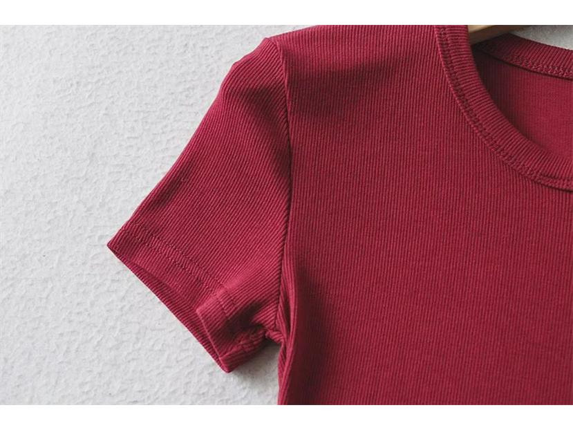 YPFF Summer Women's Solid Color Elastic Thread Basic Short-Sleeve Round Neck Top