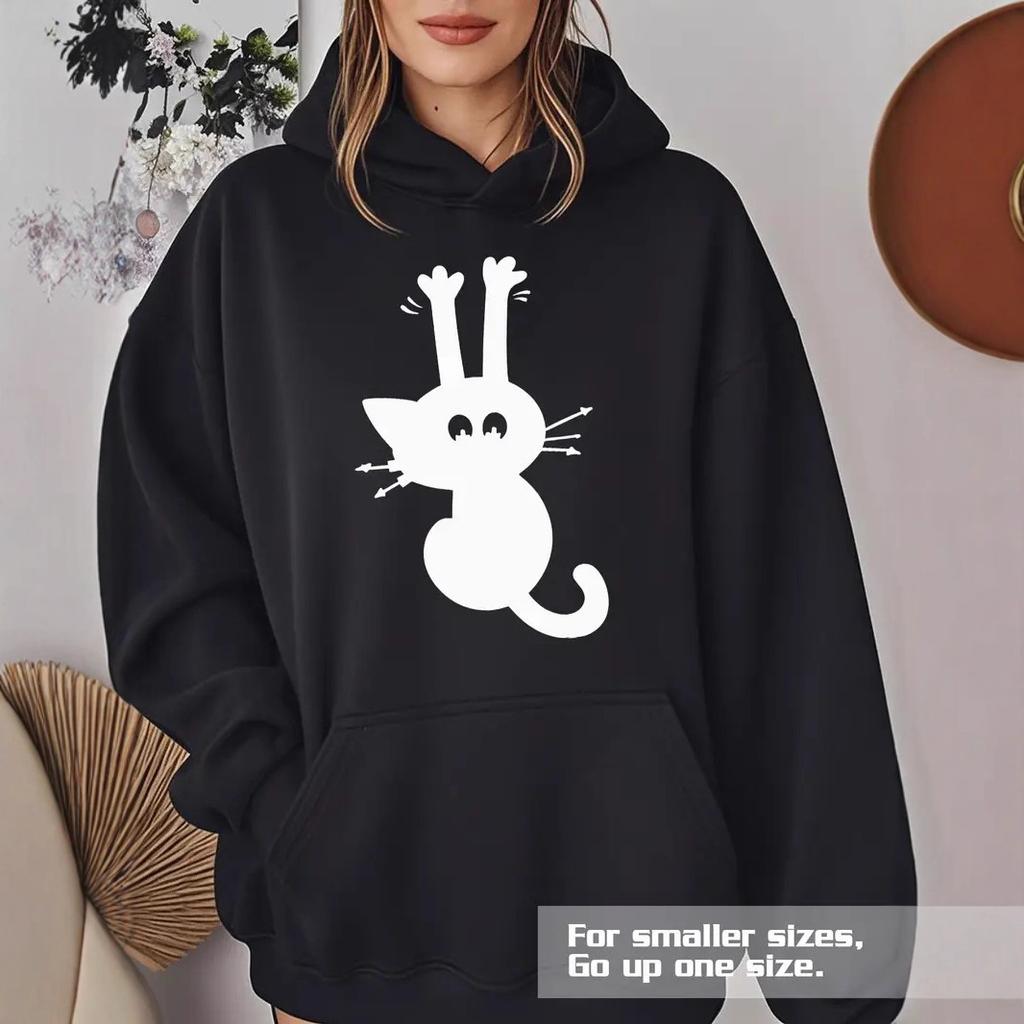 Ladies Spring Autumn Casual Hooded Long Sleeve Big Pocket Cat Printed Pullover Hoodies Sweatshirt Top
