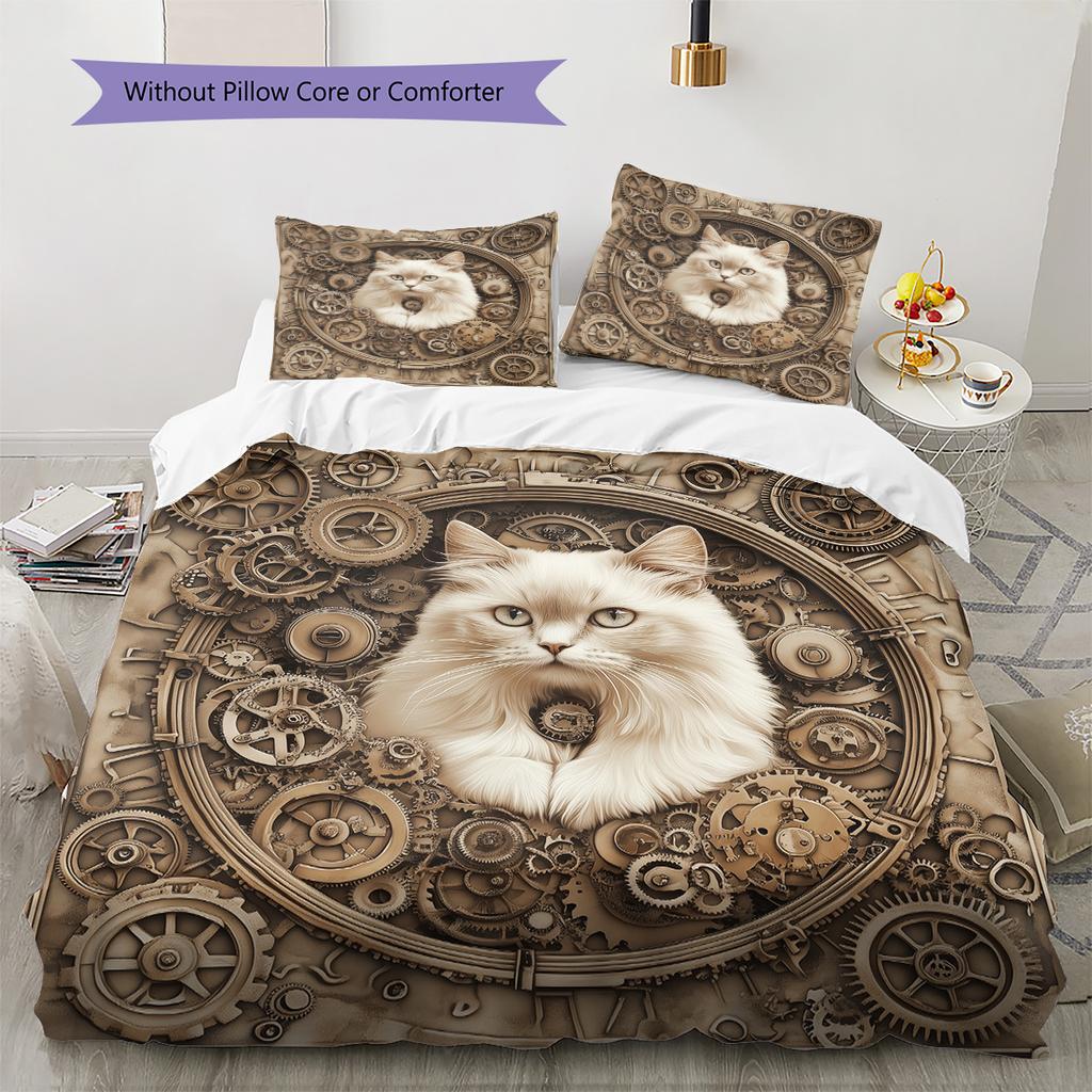 Gear Cat Pattern Bedding Quilt Set Quilt Cover Pillowcase Home Decoration Gift (1 * duvet cover + 2 * pillowcase, without core)