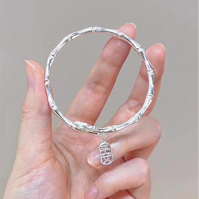 S999 Full Silver Lotus Bamboo Bracelet New Chinese Safety Hanging Tag Youth Section High Rise Pure Silver Bracelet Opening
