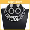 Fashion Solid Color Hollow Design Women Metal Necklace Collar Round Earring Set For Gift And Occasion