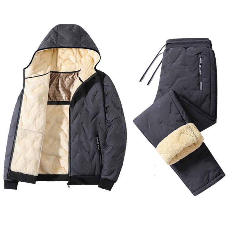 Men's Lambswool Winter Hooded Jacket and Cotton Pants Set - Plus Velvet, Thick, and Large Size.
