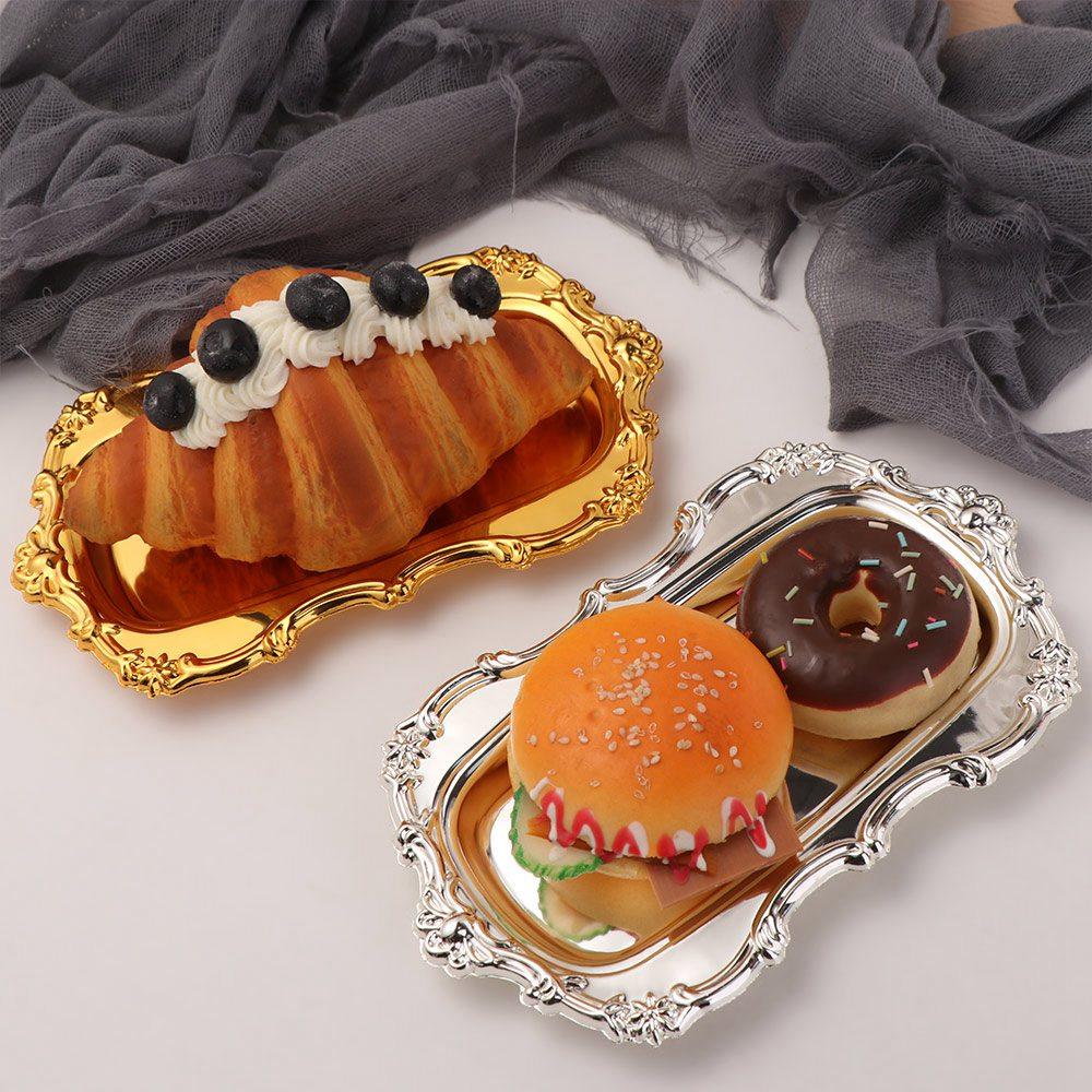 European Style Vintage Embossed Tray Gold/Silver Jewelry Decoration Plate Cafe Cake Dish