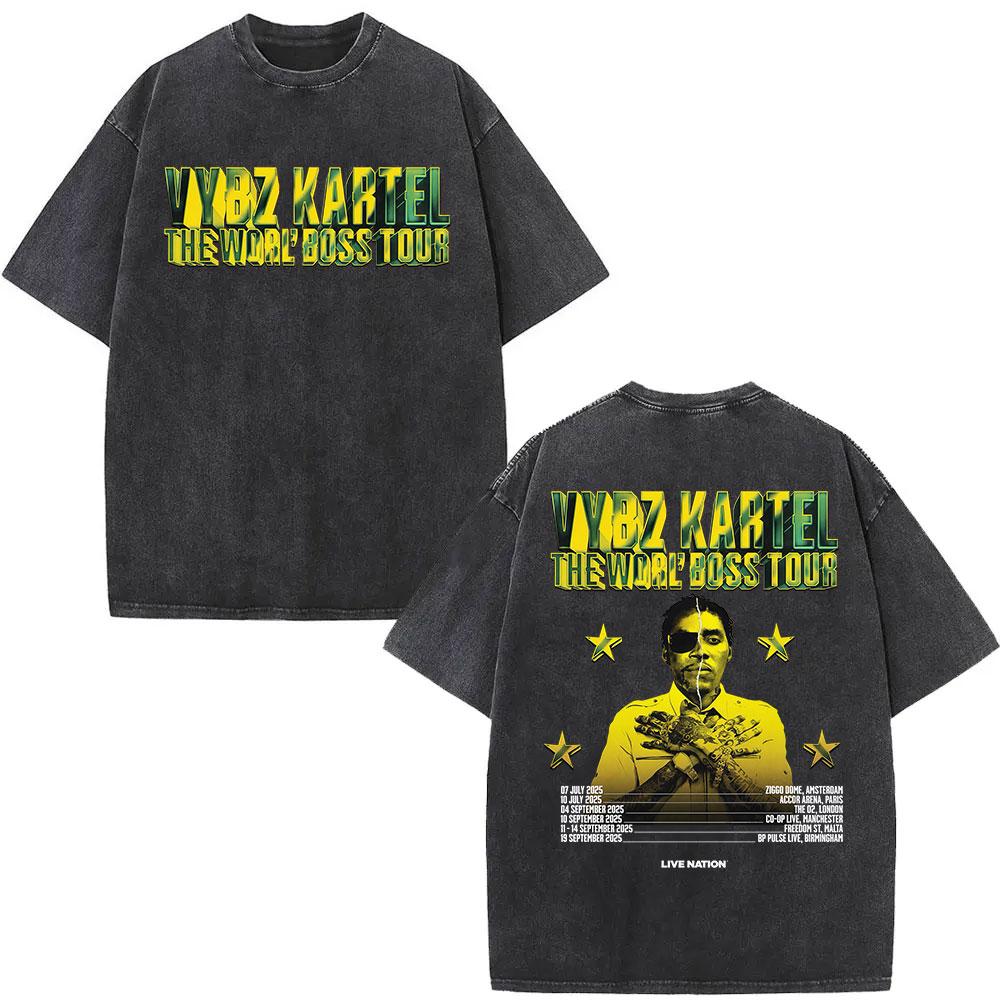 Vintage Washed Rapper Vybz Kartel Tour  New Album Tshirt Unisex Hip Hop Oversized Tshirts Fashion High Quality Cotton T Shirt XL