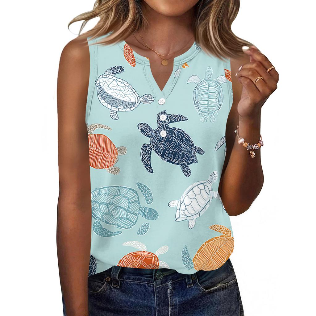 Women's Fashionable Casual Hawaiian Print Sleeveless Button Vest Top