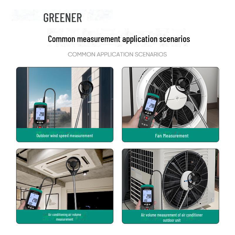 Green Forest Handheld Anemometer: High-Precision Wind Speed, Temperature, and Air Volume Tester.