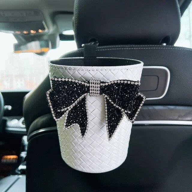 Kreativer gestrickter Leder-Auto-Mülleimer mit Schleife für Kopfstütze, Mini-Auto-Auslass, Lüftungsschlitz, Müllbeutel, Müllaufbewahrungsbox für Frauen