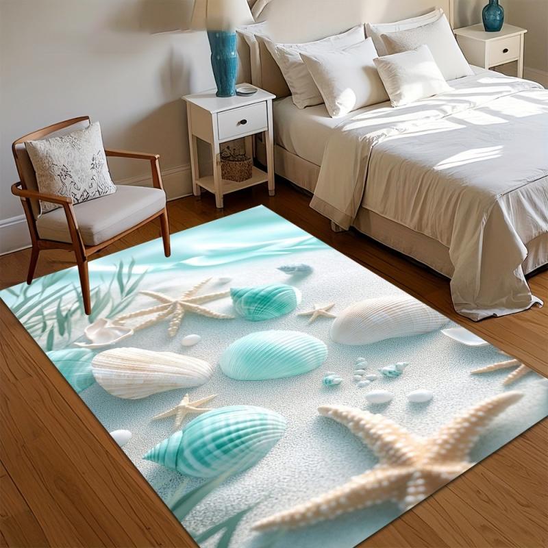Beach Sand Starfish Seashell Area Rug Seaside Conch Seaweed Print Non Slip Carpe Bedroom Coastal Bathroom Home Decor