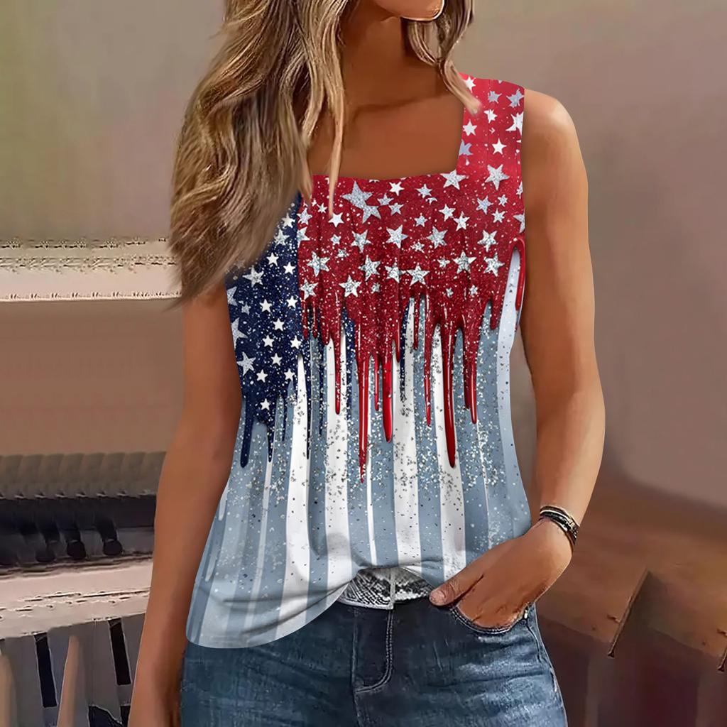 Square Collar Tank Top Women Print Tank Tee Casual Loose Fit Sleeveless Shirt