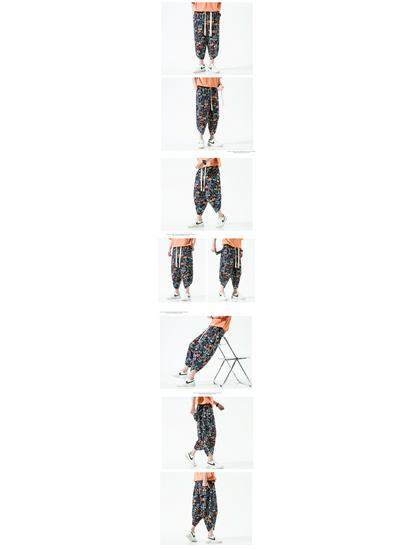 2025 Summer Men's Plus Size Ethnic Print Harem Pants - Loose Fit, Straight Leg, Drop Crotch