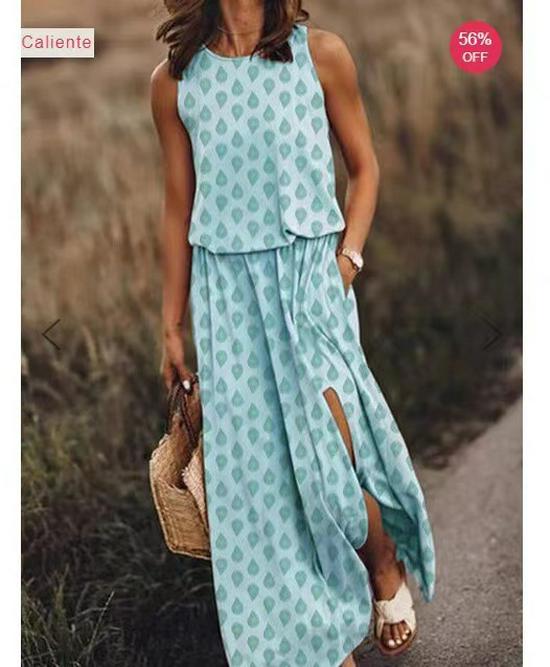 2025 Damen Rundhals ärmelloses mehrfarbiges langes Schlitzkleid