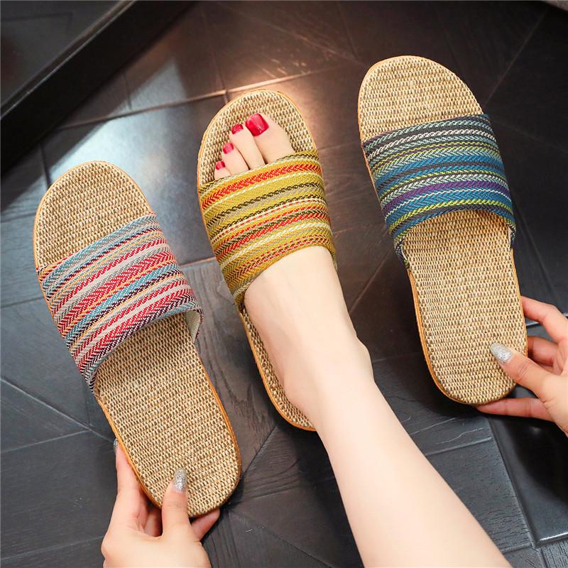 Home Linen Slippers Printed Cute Fashion Non-slip Breathable Fashion Versatile EVA Thick Bottom Couple Hemp Slippers