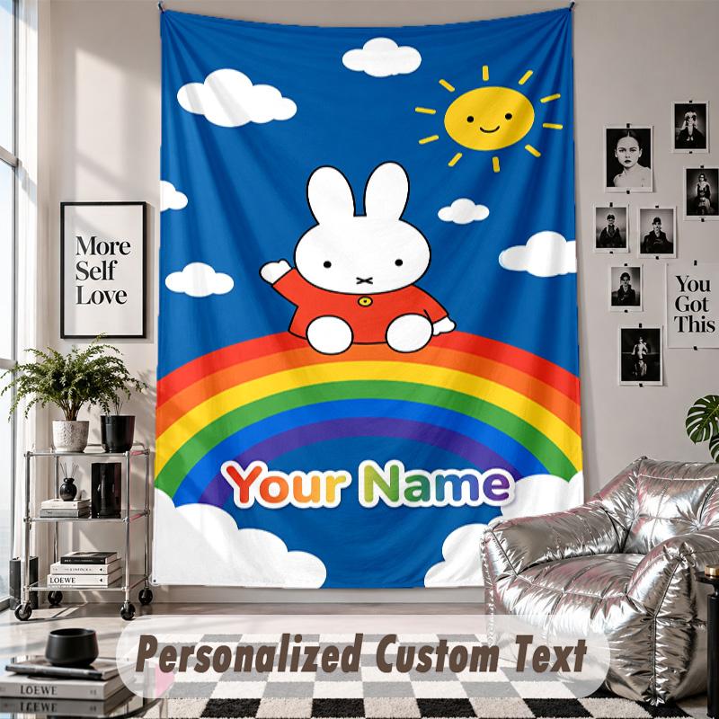 Wall Hanging Tapestry With Custom Name & Text, Miffy Decorative Tapestry For Bedroom