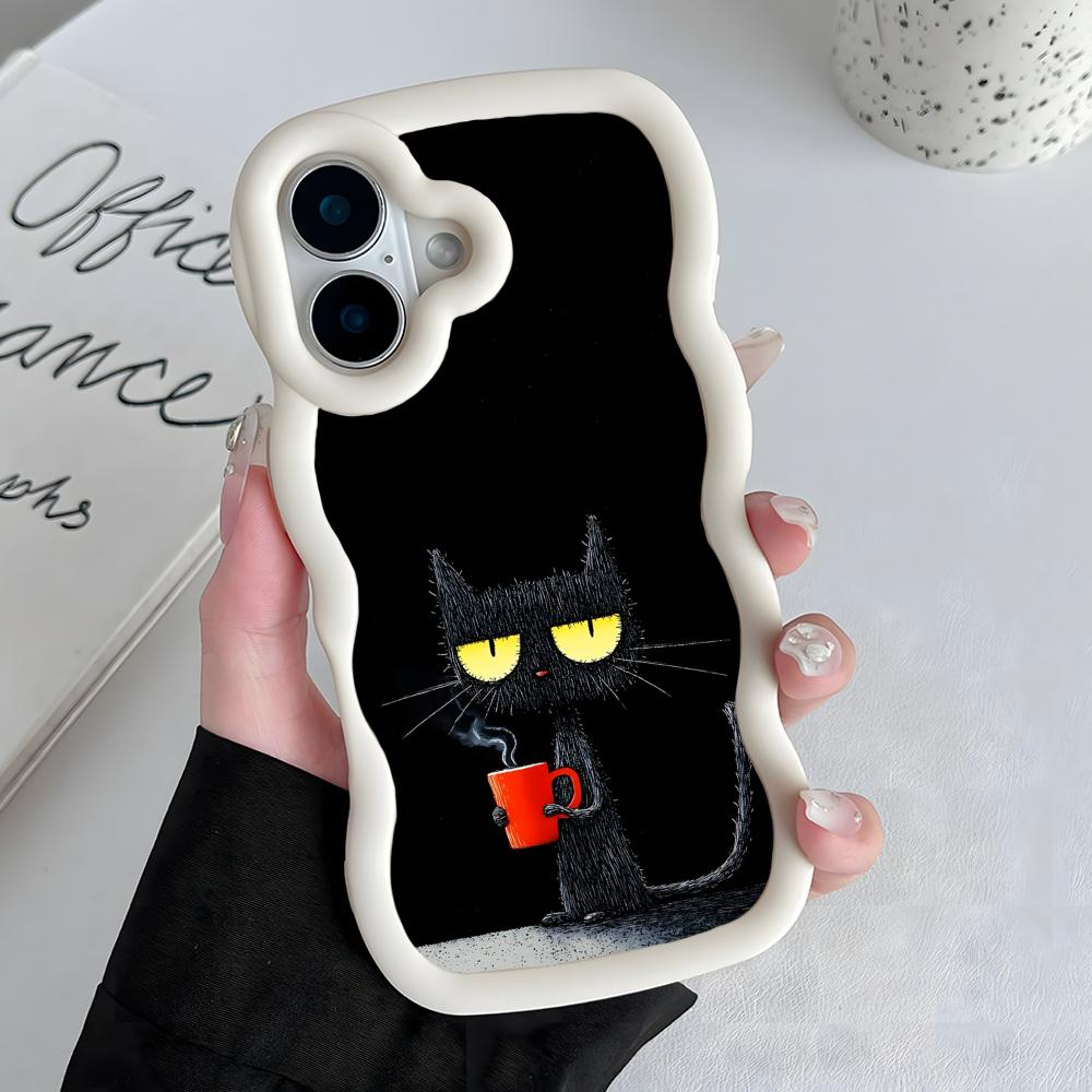 Cute Coffee Cat Wavy Edge TPU Mobile Phone Case for iPhone 17 16 15 14 13 12 11 Air Pro Max Plus Colorful Cover