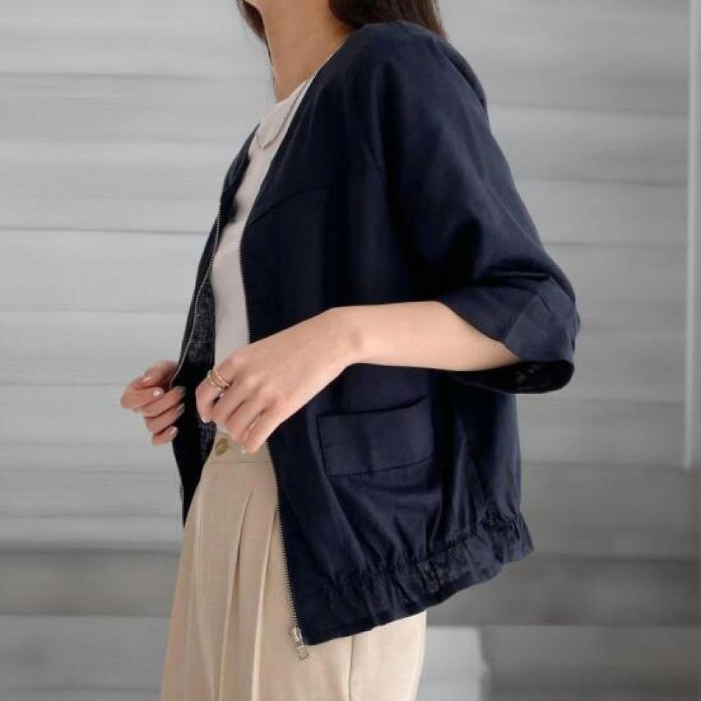 New Arrivals Open Run Women 7 8 Sleeve String No Collar Linen Blend Jacket