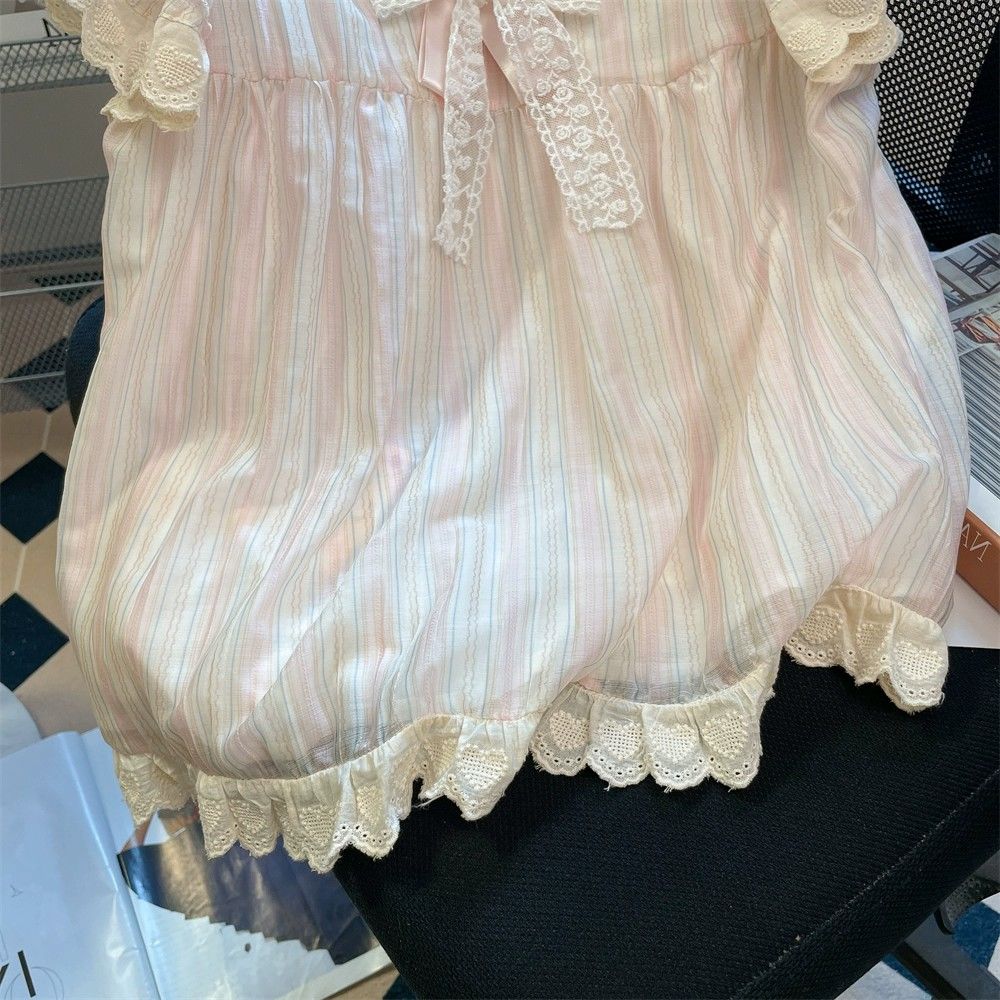 French Sweet Lace Bow Short-sleeved Blouse Summer Loose Striped Japanese-style Top