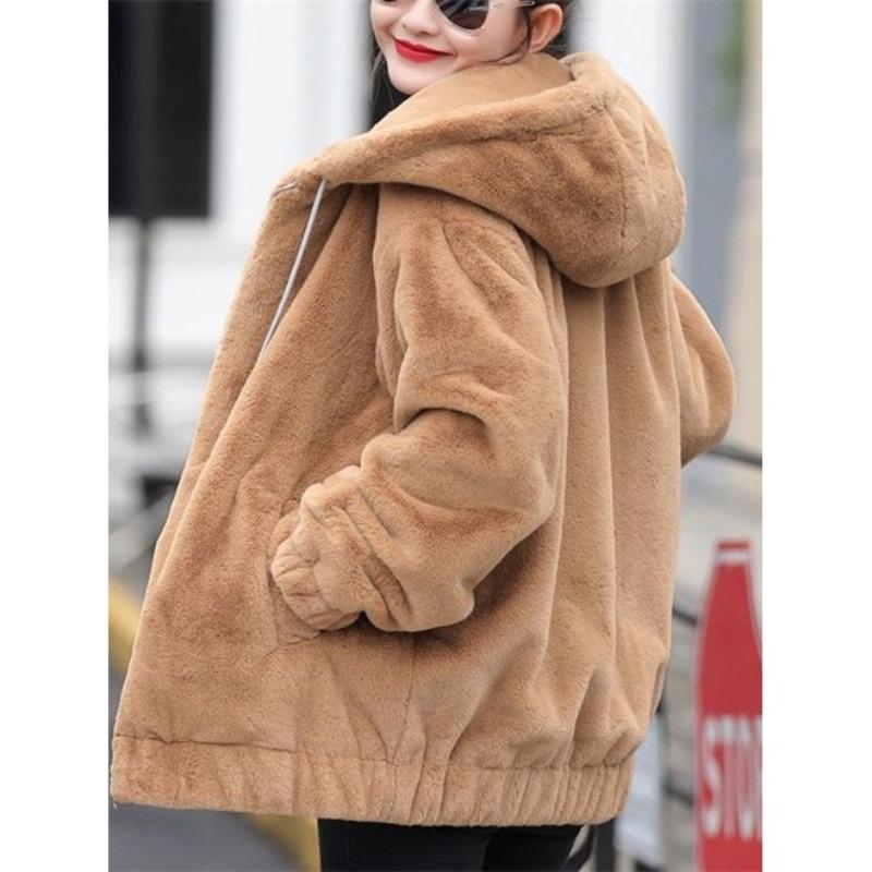 Fleece and thickened imitation rabbit fur hooded sweater jacket women's medium and long winter loose long sleeves