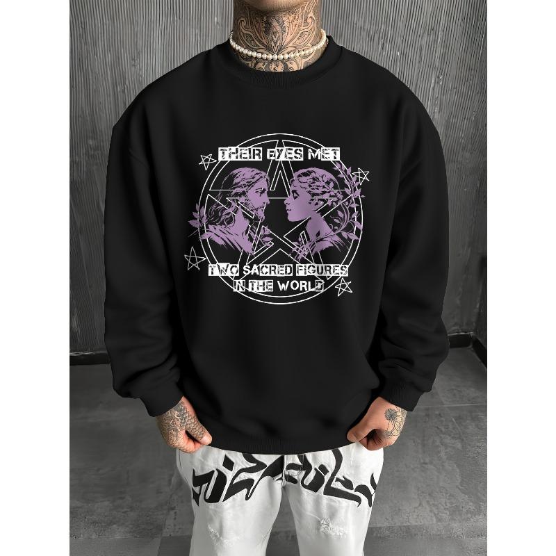 Men'S Pentagram Holy Icon Staring At Each Other with Cloud Retro Text Black Round Neck Sweatshirt, Mysterious Soft Gothic  Loose Street Pullover Top