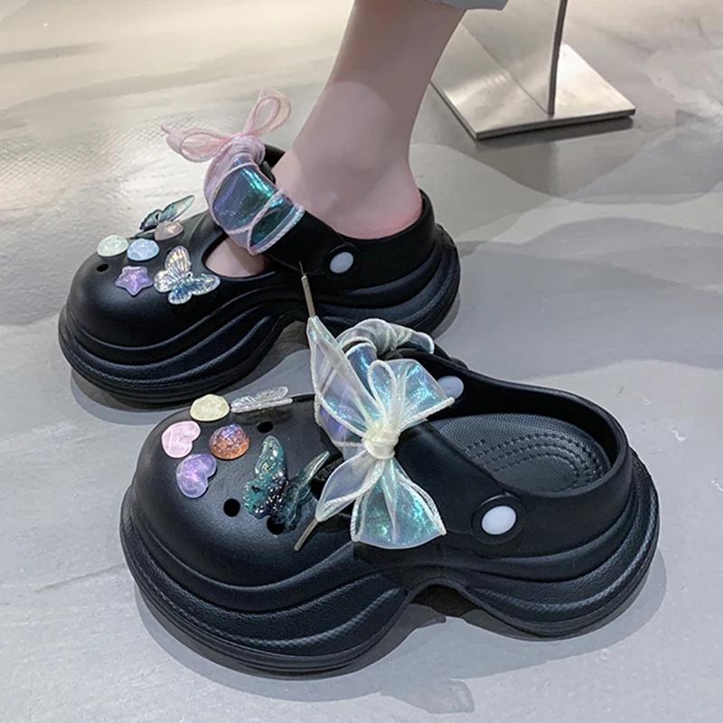 Fashion Lace Bow Chunky Platform Sandals for Women 2025 Summer Thick Bottom Eva Garden Slippers Woman Fashion Color Beads Beach Sandals