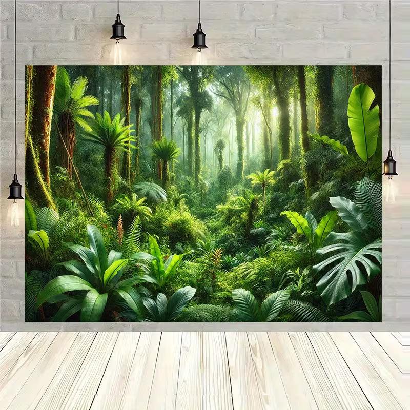 Tapiz de Selva Tropical Impresión Plana 2D, con Helechos Verdes Exuberantes, Hojas de Monstera y Luz Solar