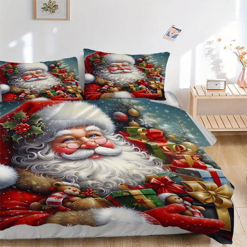 3pcs Santa Claus with Christmas Gifts Printed Bedding Set, Soft and Comfortable Quilt Cover for Bedroom, Guest Room (1 Duvet Cover + 2 Pillowcases