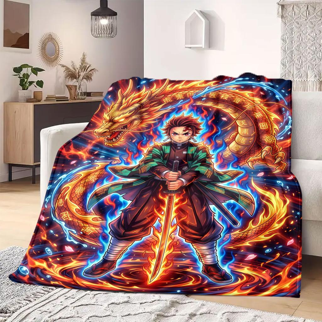 Demon Slayer Iconic Print Flannel Blanket, Anime Cartoon Figures for Bed, Warm Bedroom Decor, Travel Friendly Blanket_LIAN