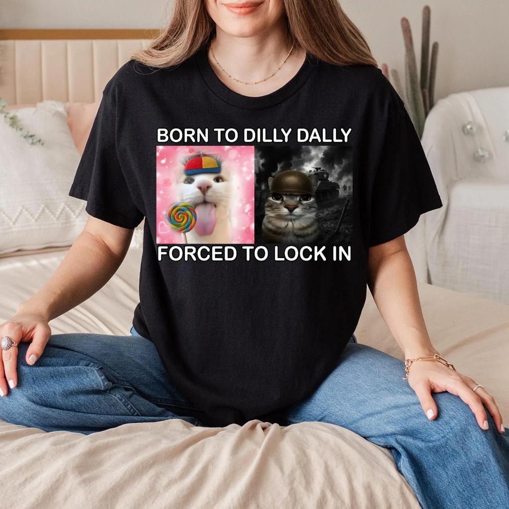 Narozen k prokrastinaci Nucen se soustředit Vtipné kočičí meme tričko Hloupost koček Hloupá trička Nepříčetné tričko Mozkový rozklad tričko