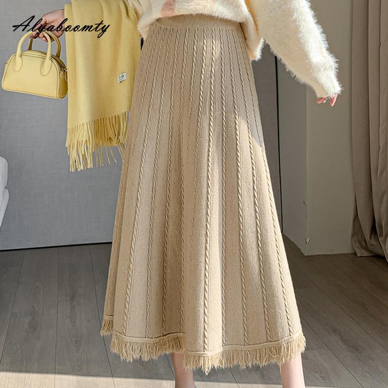 

Корейская мода, осенне-зимняя женская юбка-миди с высокой талией, серая, черная, абрикосовая, кофейная, толстая теплая юбка, элегантная женская юбка с кисточками, женские юбки One Size