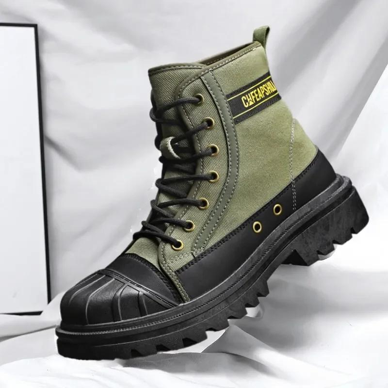 

2025 New Men s high-top anti-collision work boots 2025 spring and autumn big-head motorcycle boots canvas shoes fashion boots 44 армия зеленый