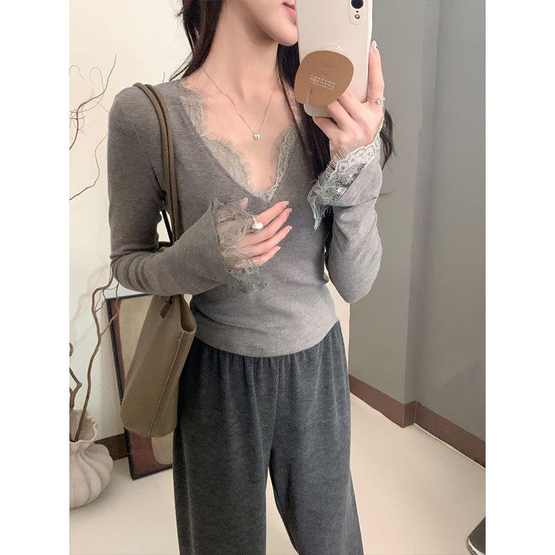 Pure Desire Lace V-Neck Slimming Top for Women - Spicy Girl Collection, Sexy Autumn/Winter Base Layer XL 115-130 Jin серый