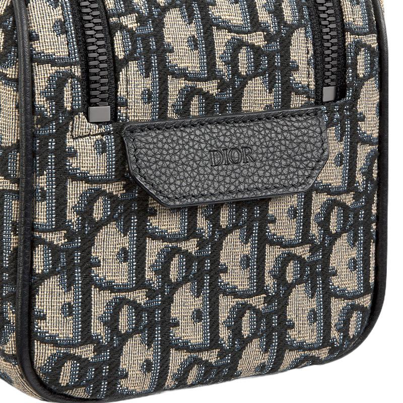 Dior Allover-Logo Reißverschluss Schräges Jacquard-Körnerleder Kulturtasche Herren Kulturtasche Beige Schwarz 2ESCA494YKY-H27E