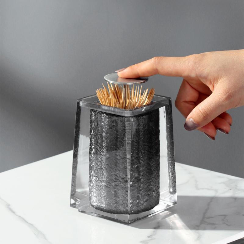 Porta Stuzzicadenti a Pressione in Resina Accessori per Soggiorno Testa Coperchio Acciaio Inossidabile Dispenser Stuzzicadenti Porta Cotton Fioc