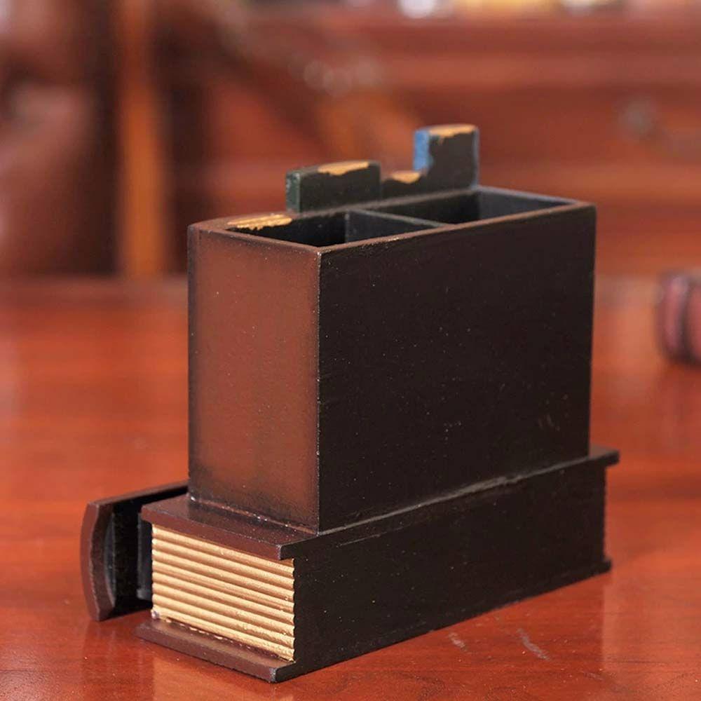 Organizer Desktop Decoration Drawers Stationery Holder Book Shape Pen Holder Pen Case Retro Wood