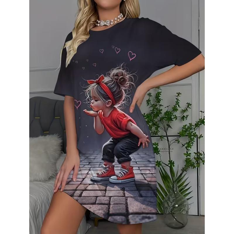 Plus Size Casual Dress with Cute Girl Print and Round Neck