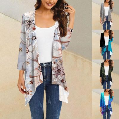 Damen Strickjacke mit Blumendruck, unregelmäßigen 3/4-Ärmeln und Taschen, lässiger Überzug